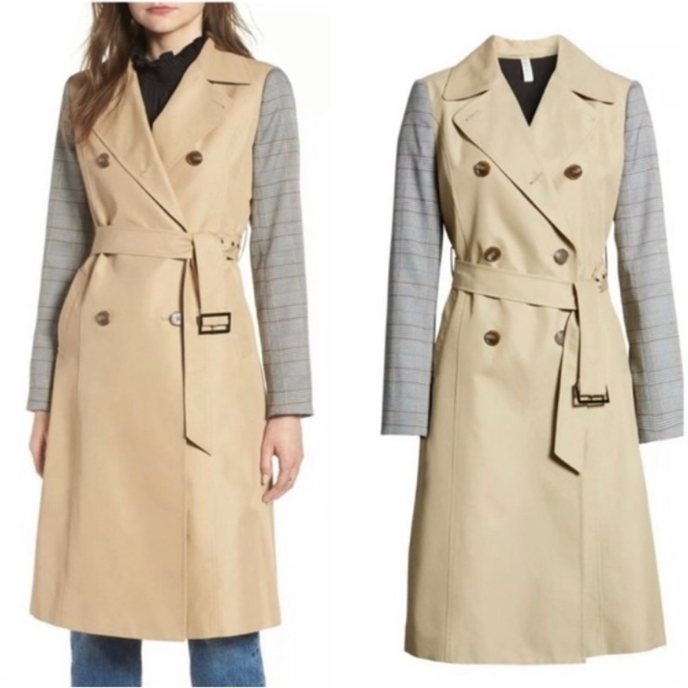 Preppy Murano Tan and Gray Double-Breasted Trench Coat